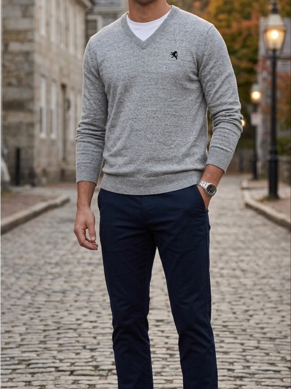 Express Men's Heather Gray V-Neck Sweater - Signature Lion Logo